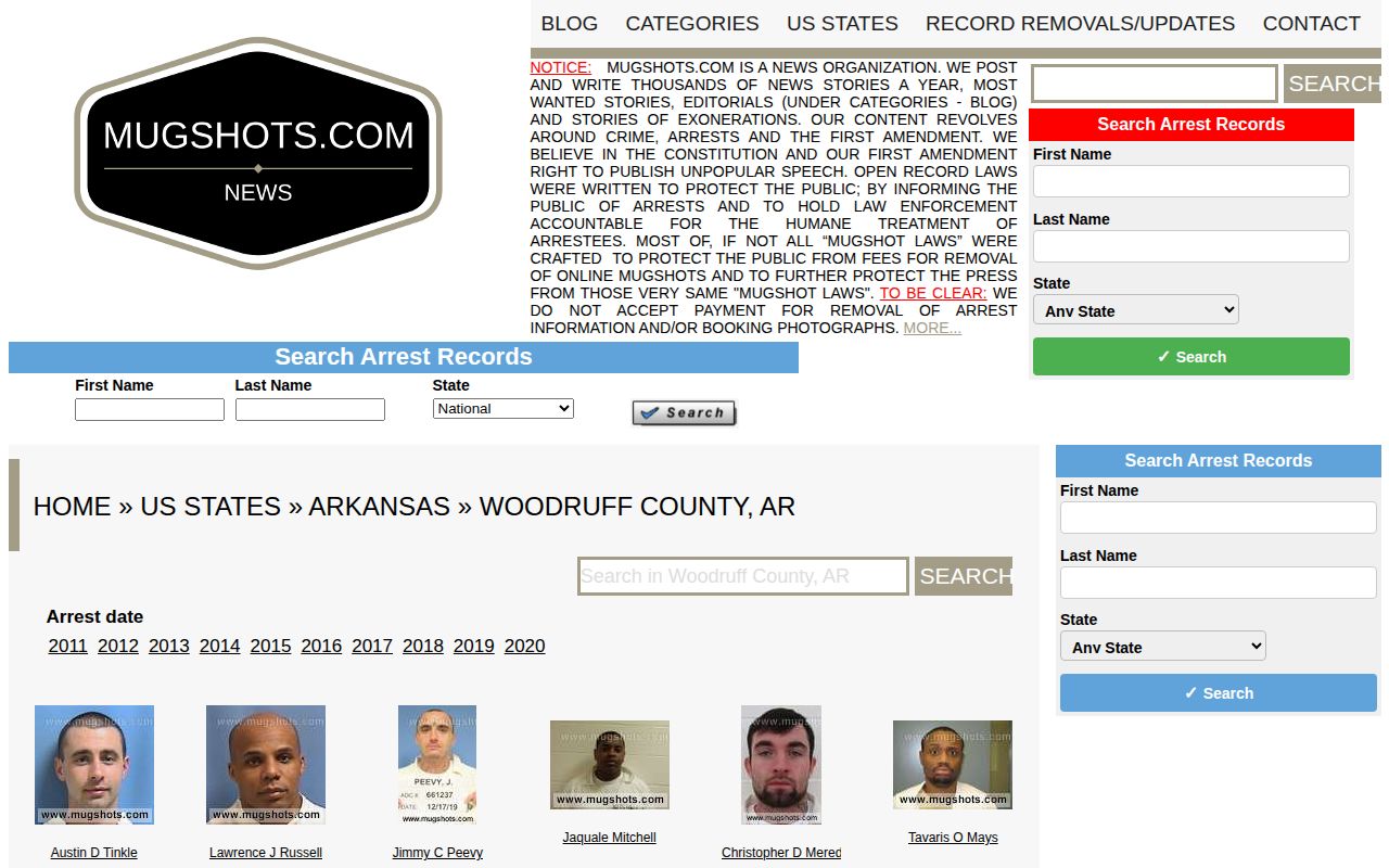 Unofficial historical Woodruff County mugshot archive requiring court verification