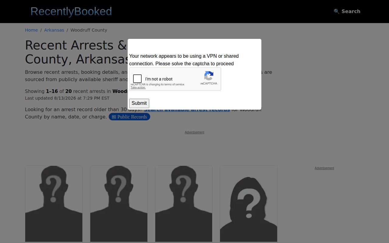 Unofficial Woodruff County recent booking record page with photo caveat